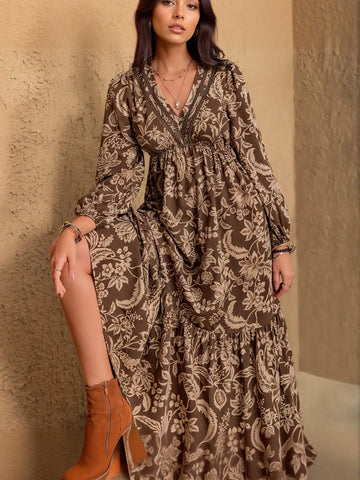 Boho Floral V Neck Midi Dress