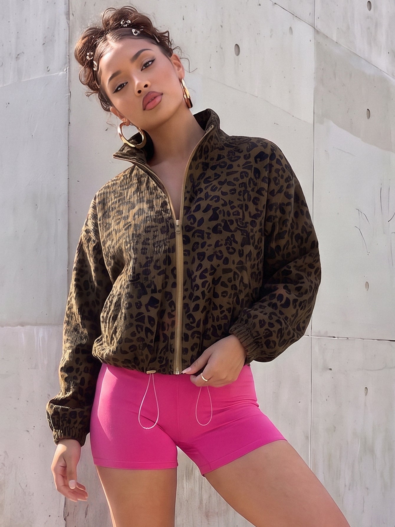 Leopard Print Corduroy Zip Up Jacket