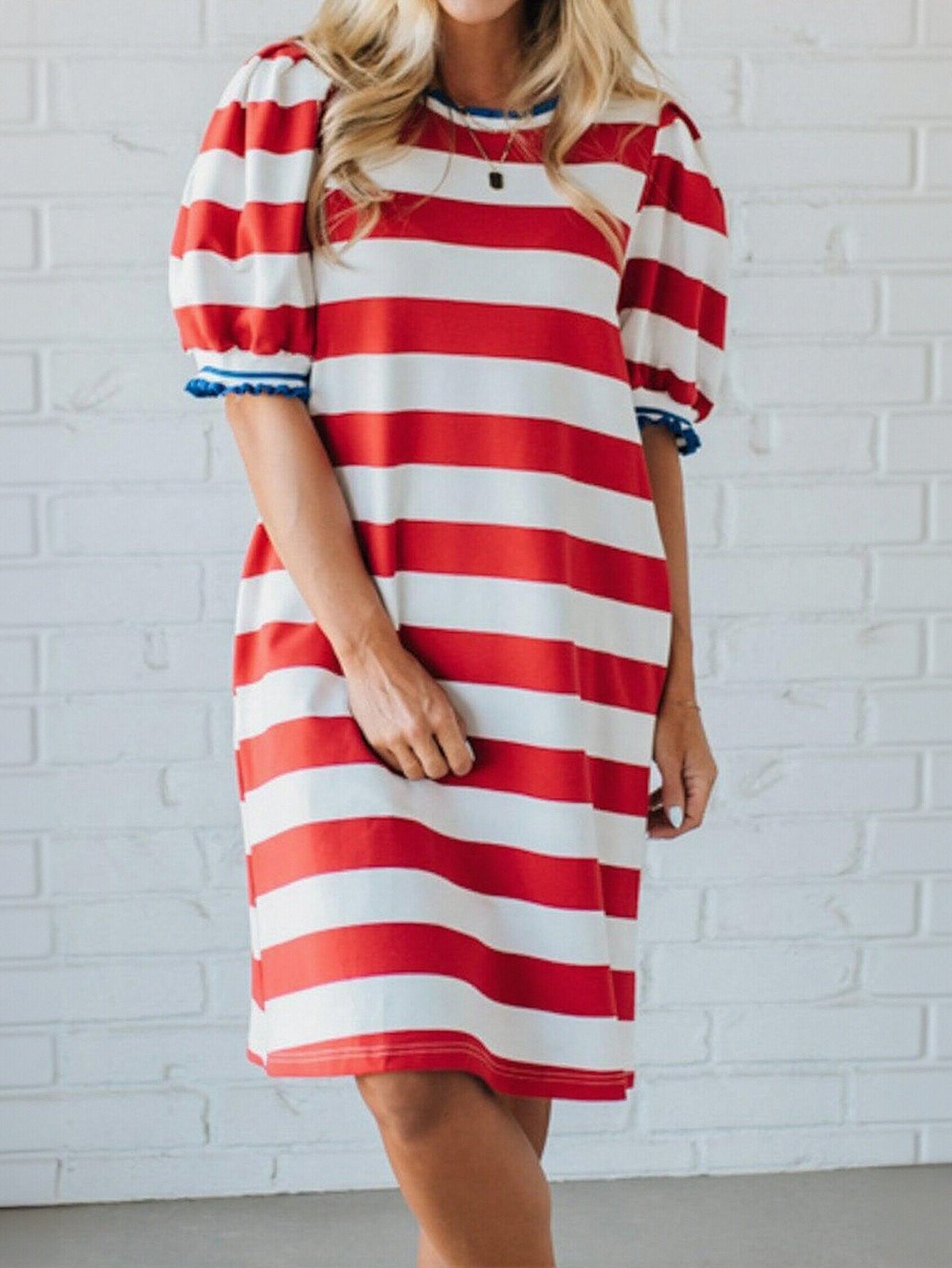 Striped Puff Sleeve Casual Dress