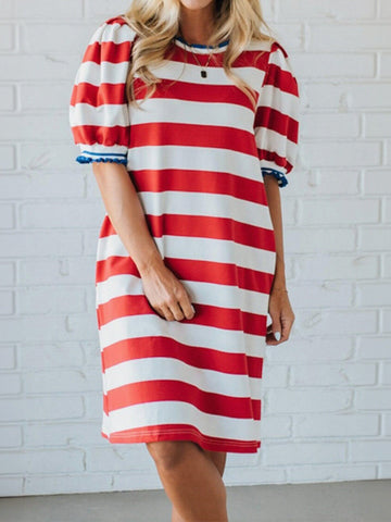 Striped Puff Sleeve Casual Dress