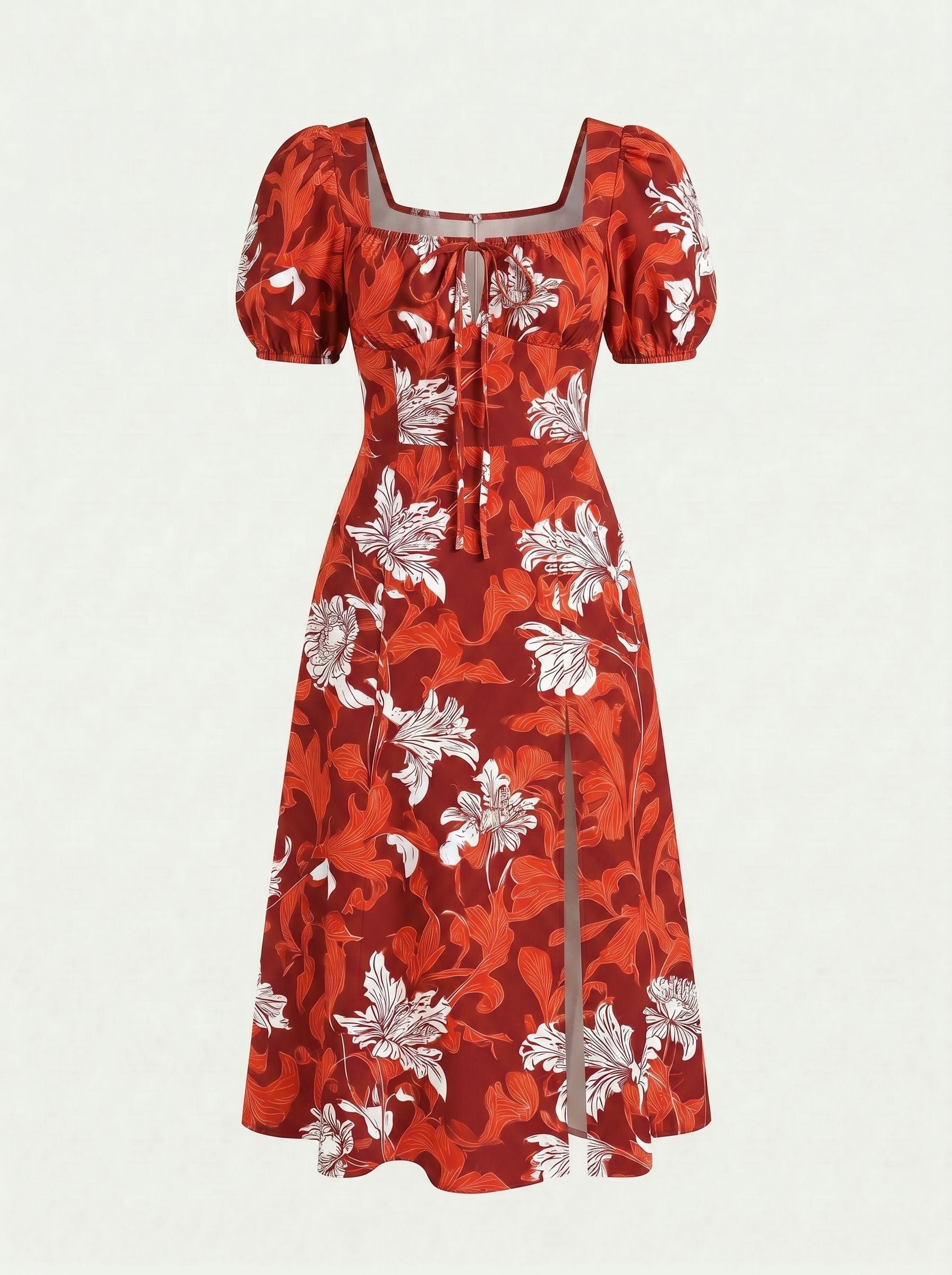 Floral Print Puff Sleeve Tie MidiDress