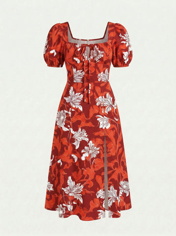 Floral Print Puff Sleeve Tie MidiDress