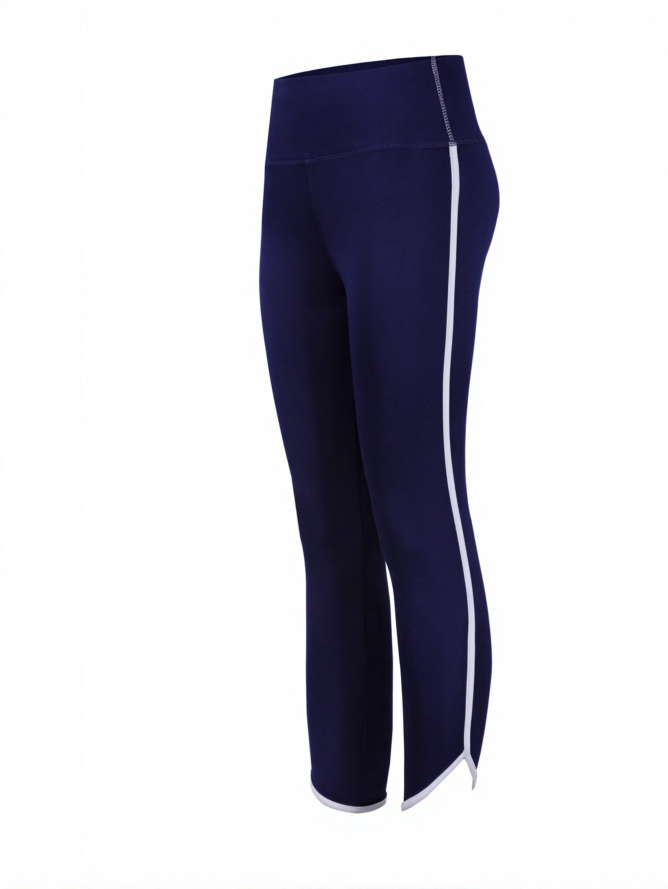 High-Waisted Side-Stripe Cropped-Leg Athletic Leggings-Navy Blue