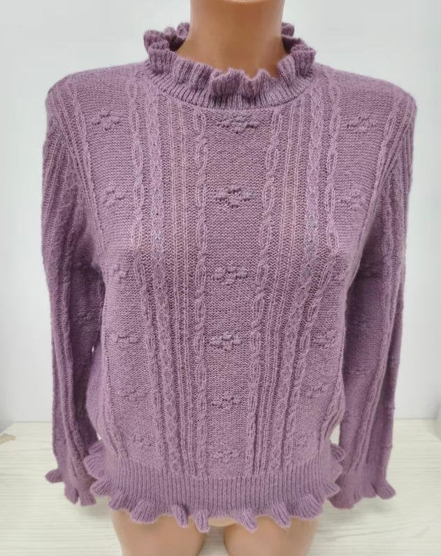 Ruffled Mock Neck Cable Knit Sweater