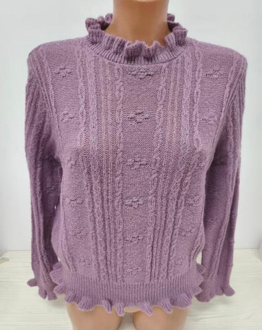 Ruffled Mock Neck Cable Knit Sweater