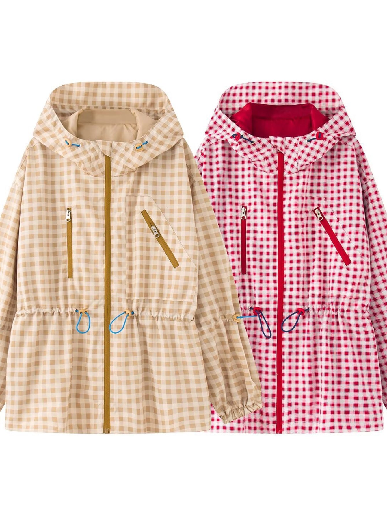 Gingham Drawstring Waist Hooded Jacket