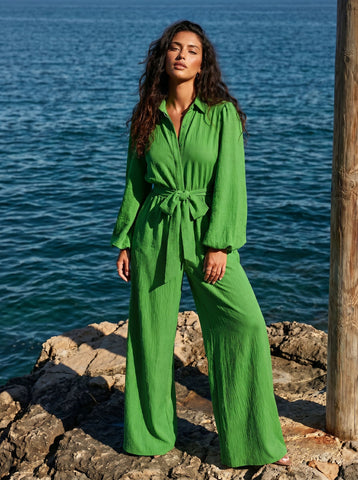 Belted Wide Leg Collared Jumpsuit