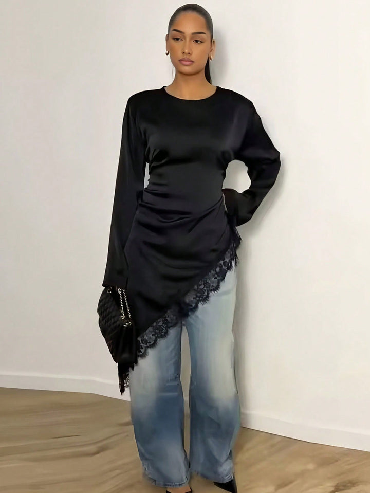 Asymmetric Lace Trim Long Sleeve Dress