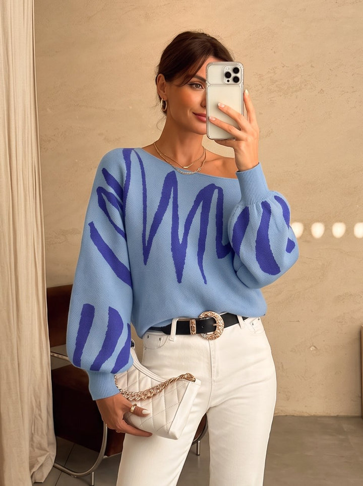 Off Shoulder Abstract Print Pullover Sweater