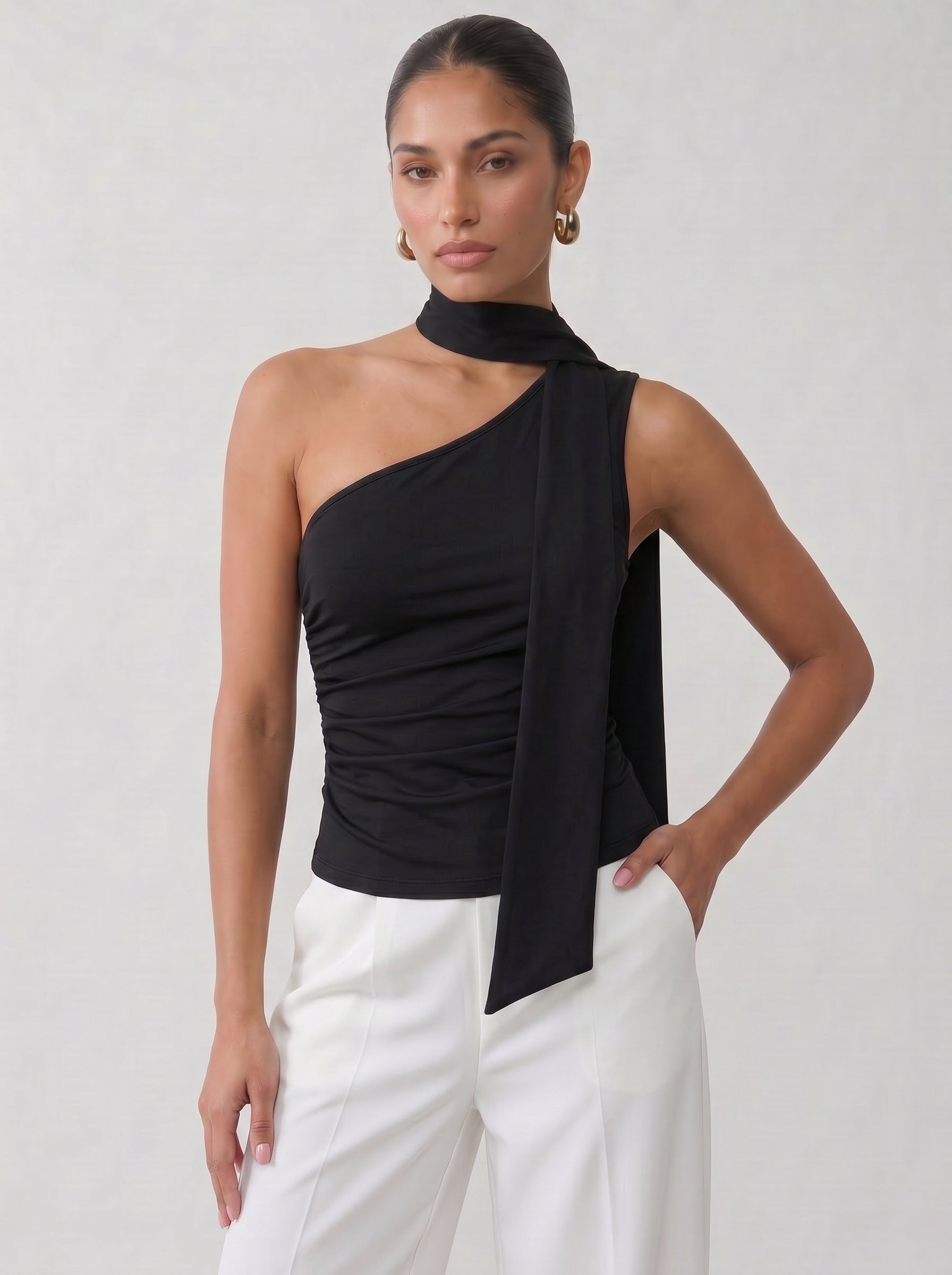 Ruched One Shoulder Scarf Tank Top