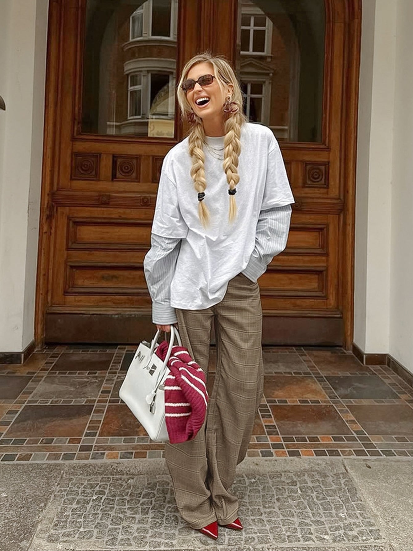 High Waisted Plaid Wide Leg Trousers