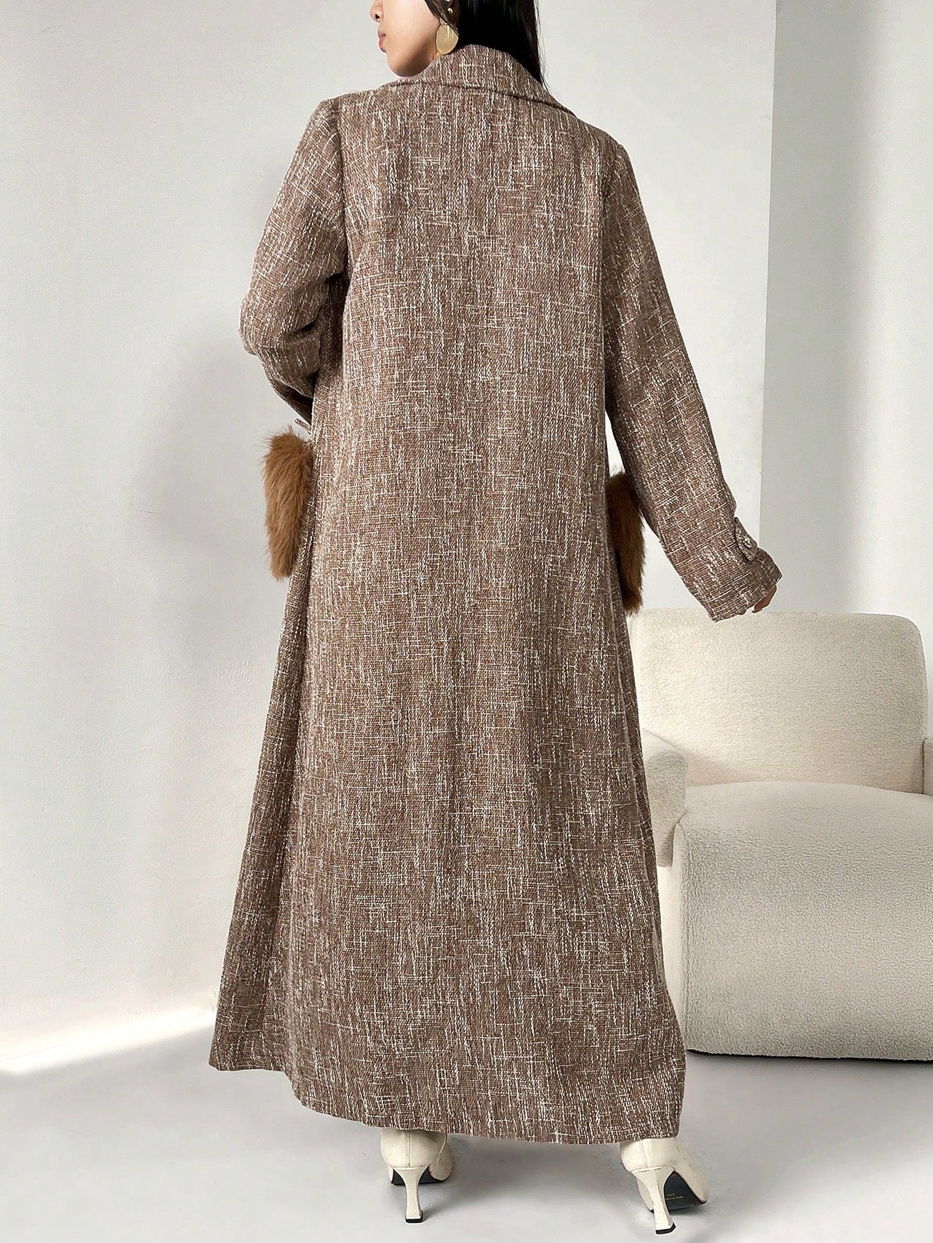 Faux Fur Pocket Textured Wool Coat