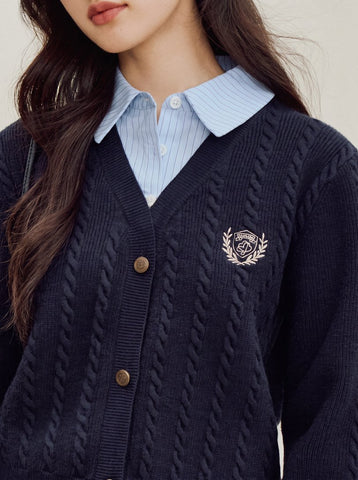 Preppy Cable Knit V Neck Cardigan