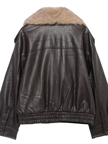 Oversized Faux Fur Collar Leather Jacket