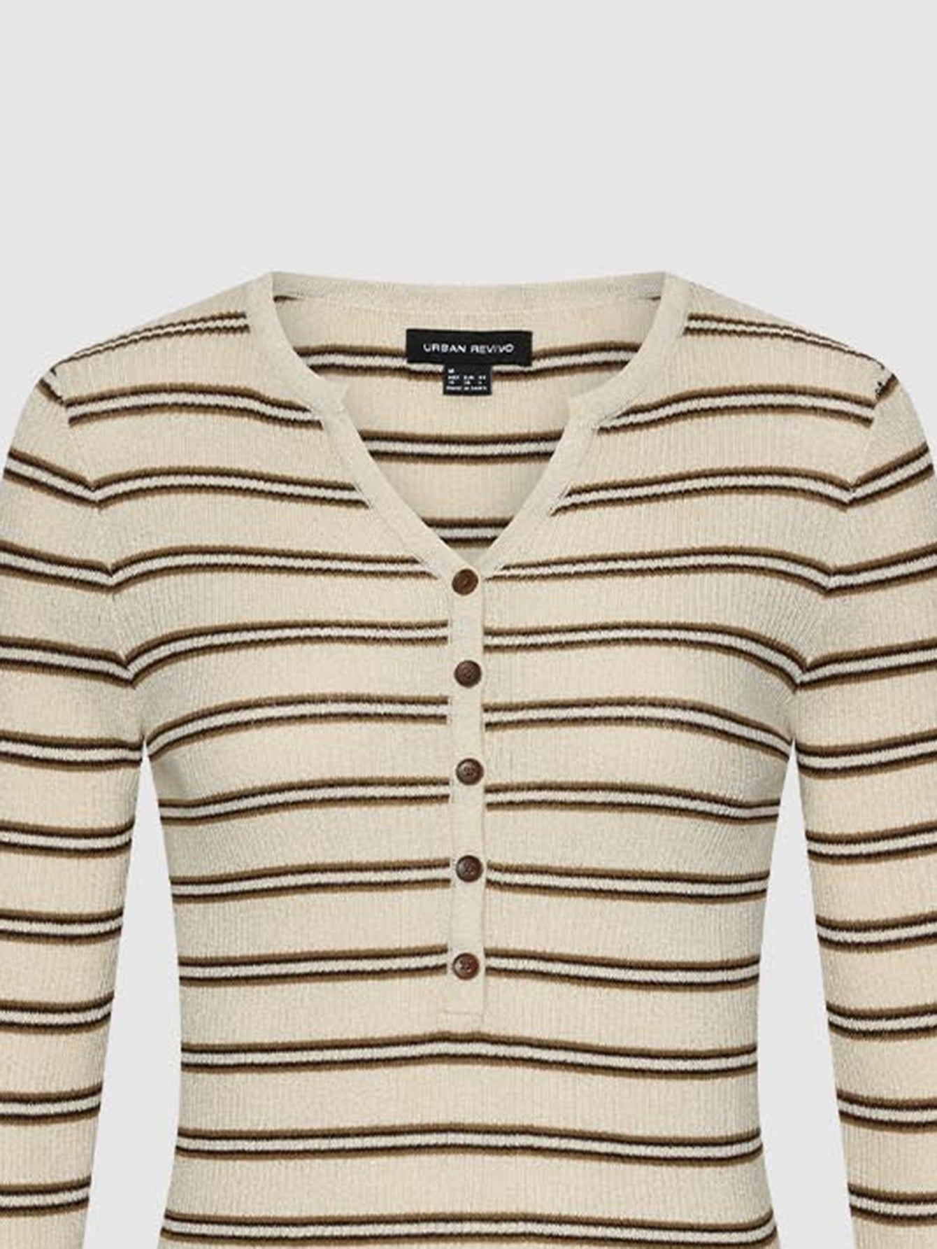 Urban Revivo Henley Neck Long Sleeve Knitted T-Shirts-Beige Stripes