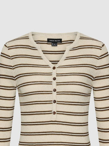 Urban Revivo Henley Neck Long Sleeve Knitted T-Shirts-Beige Stripes