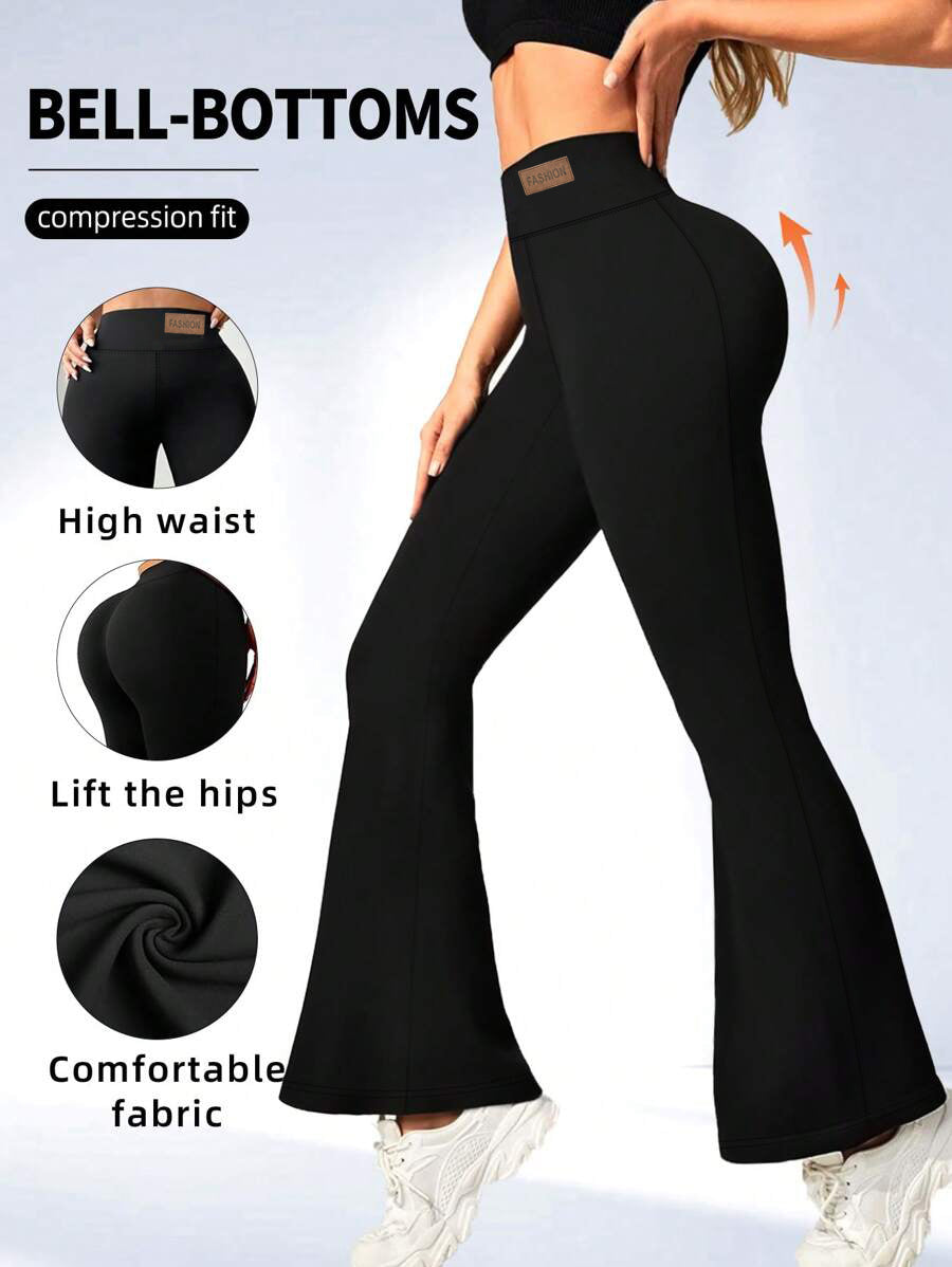 High-Waisted Compression-Fit Flared-Leg Toned Pants-Black