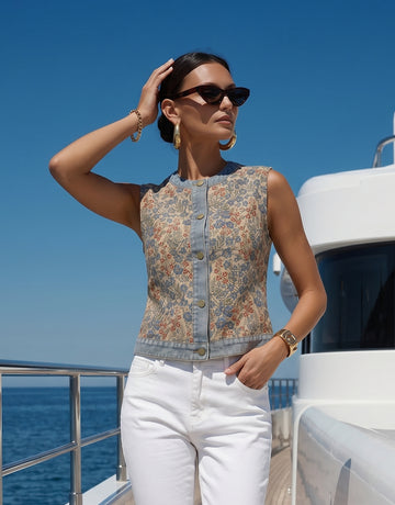 Floral Print Button Down Denim Vest