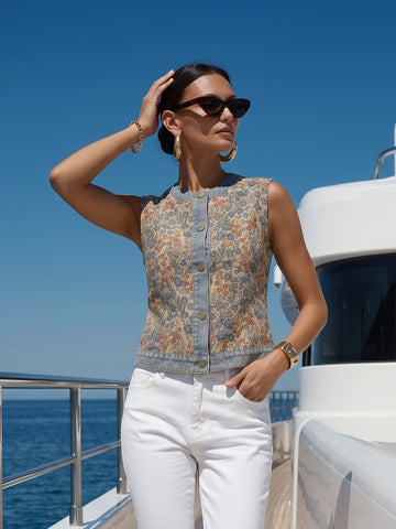 Floral Print Button Down Denim Vest