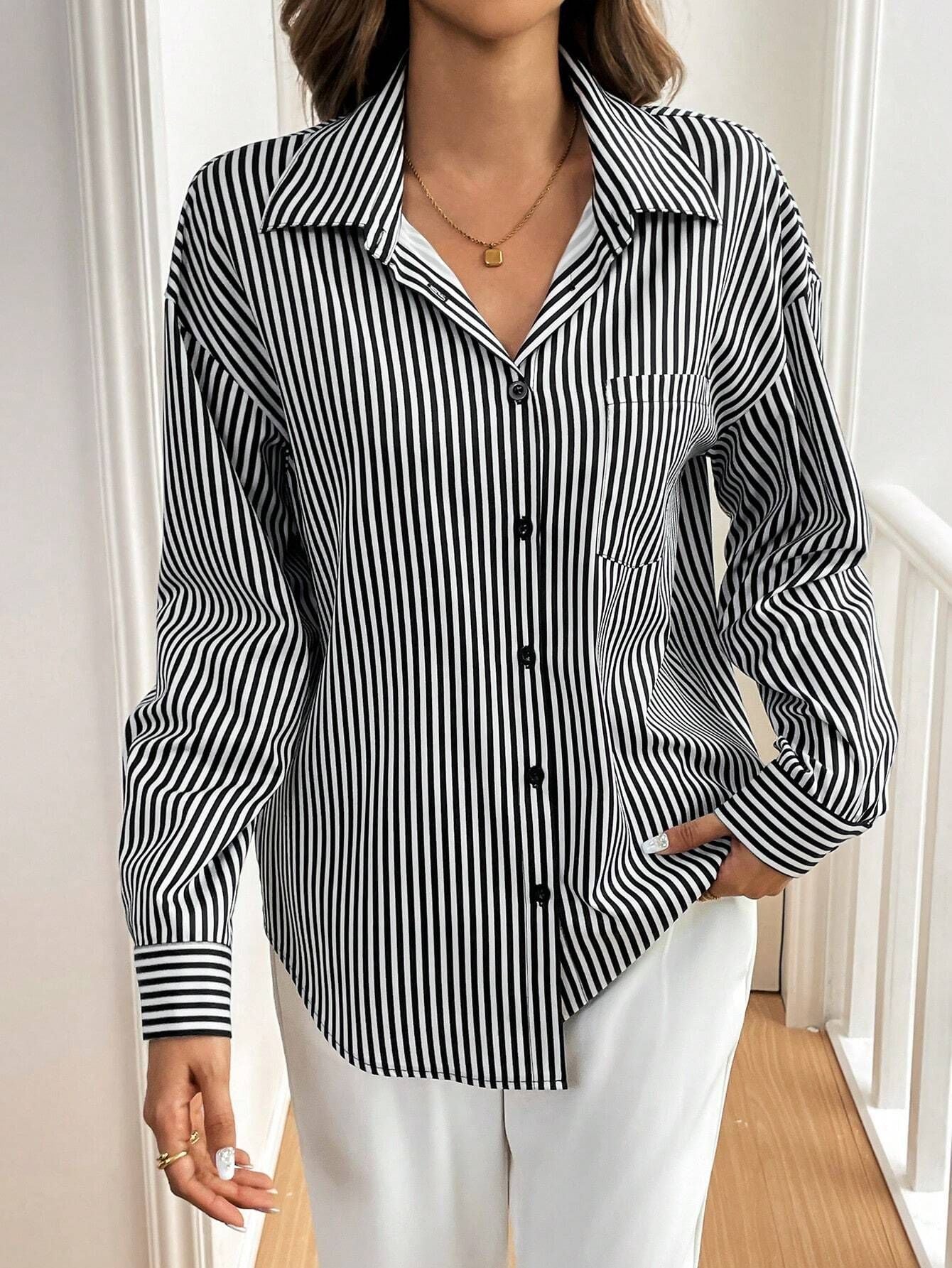 Open Back Bowknot Striped Button Shirt