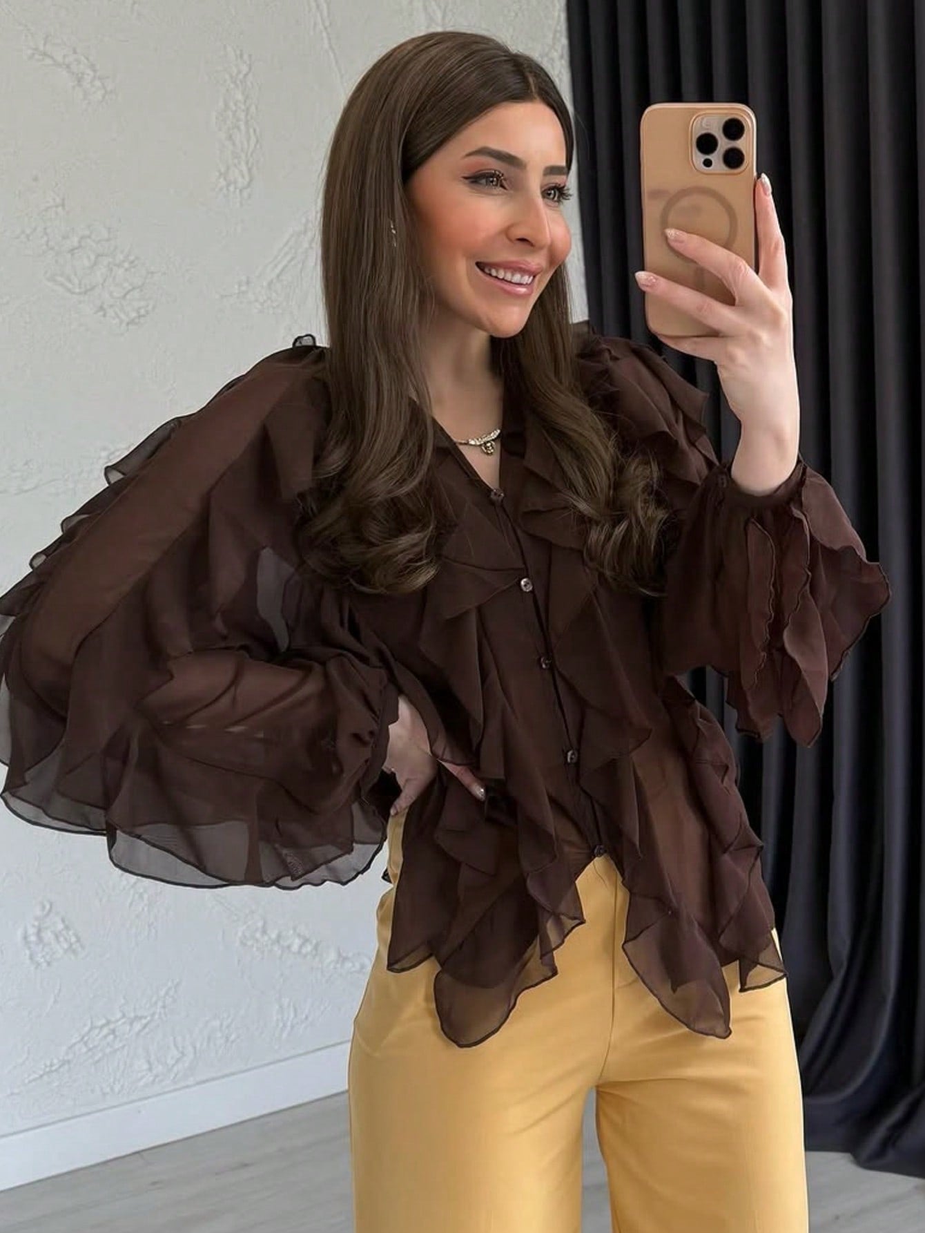 Sheer Ruffle Trim Button Down Blouse
