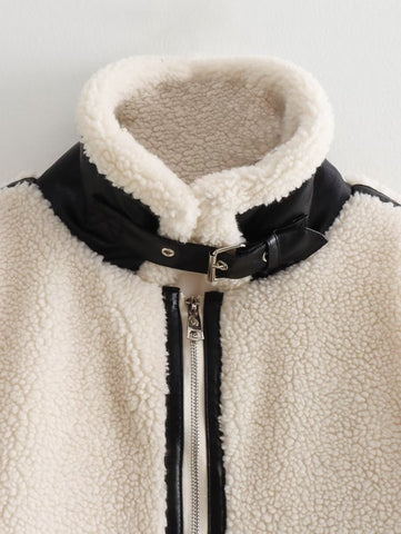 Cozy Faux Leather Trim Fleece Jacket
