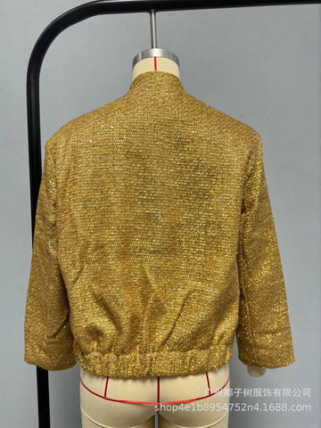 Shimmering Tweed Stand Collar Jacket