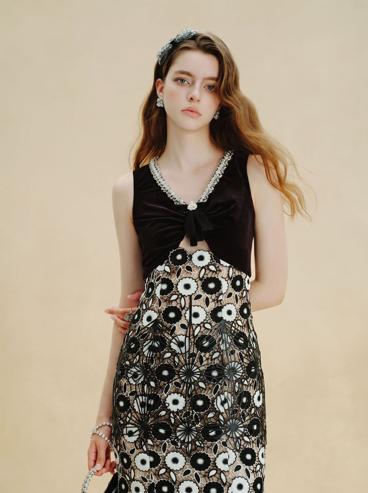 Embellished Velvet Floral Lace Maxi Dress