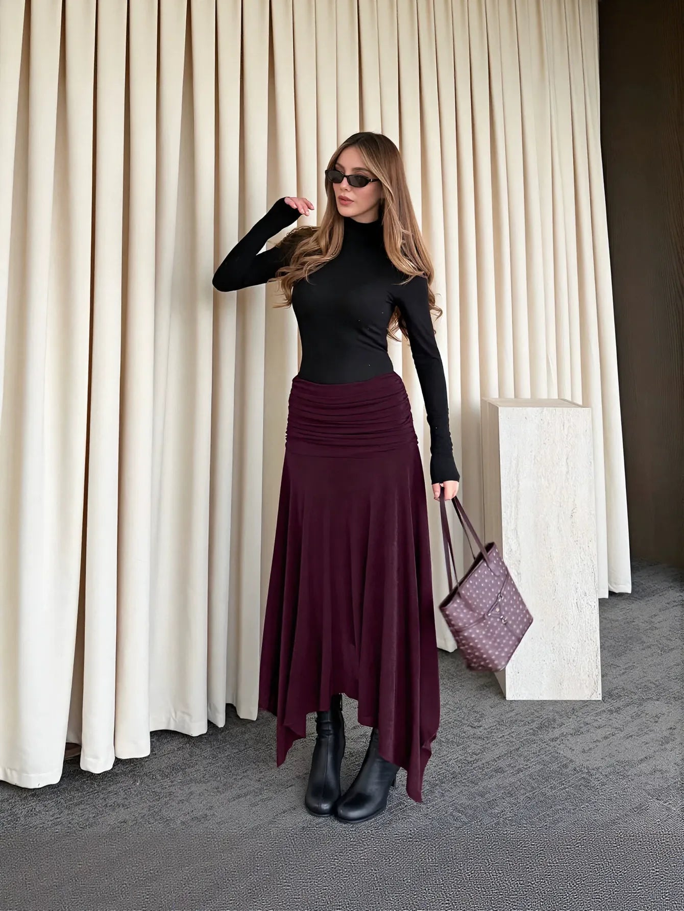 Ruched High Waist Midi Skirt