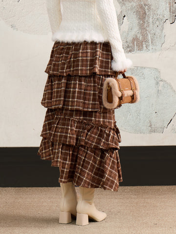 Plaid Ruffled Asymmetrical Tiered Skirt