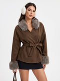 Faux Fur Trim Belted Coat