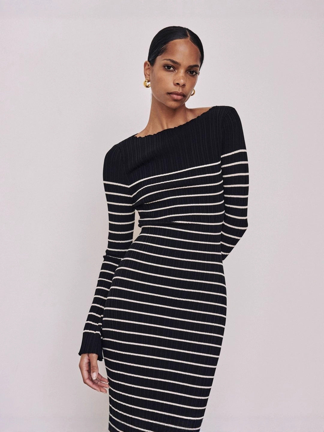 Striped Off Shoulder Ribbed Sweater Dress