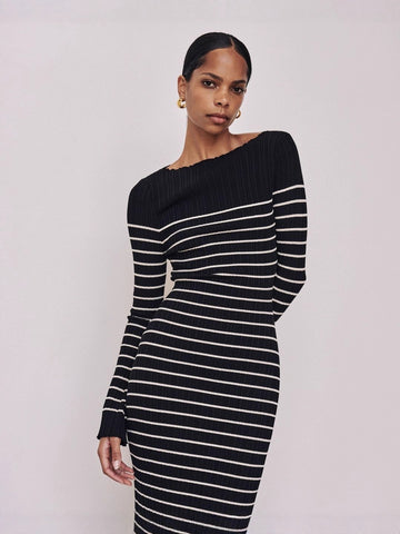 Striped Off Shoulder Ribbed Sweater Dress