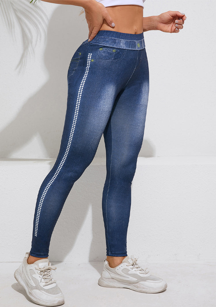 Side-Dot Denim-Print Stretchy Stylish Yoga Pants-Blue