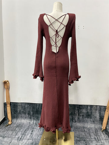 Flared Sleeve Ribbed Knit Dress