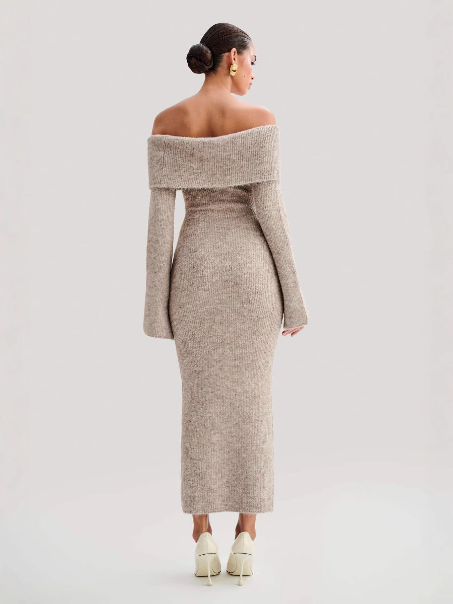 Off Shoulder Ribbed Knit Midi Dress