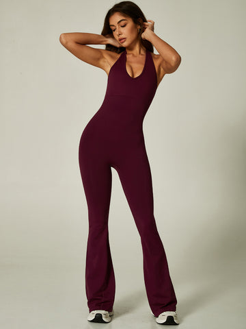 Halter Neck Flared Leg Elegant Yoga Jumpsuit-Multicolor