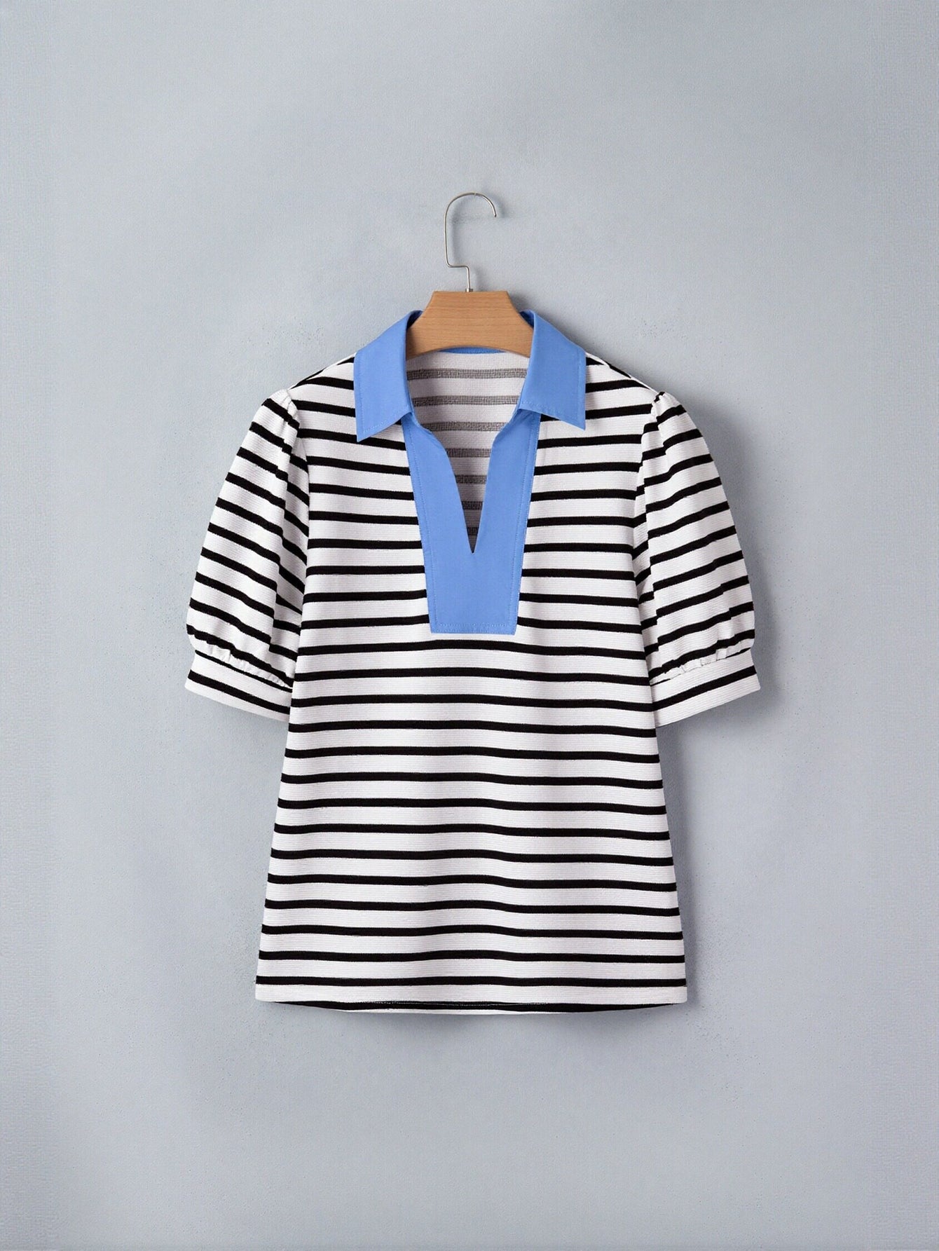 Puff Sleeve Striped Polo T Shirt