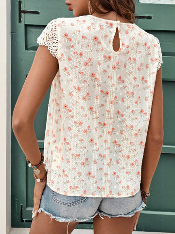 Floral Lace Trim Chiffon Blouse