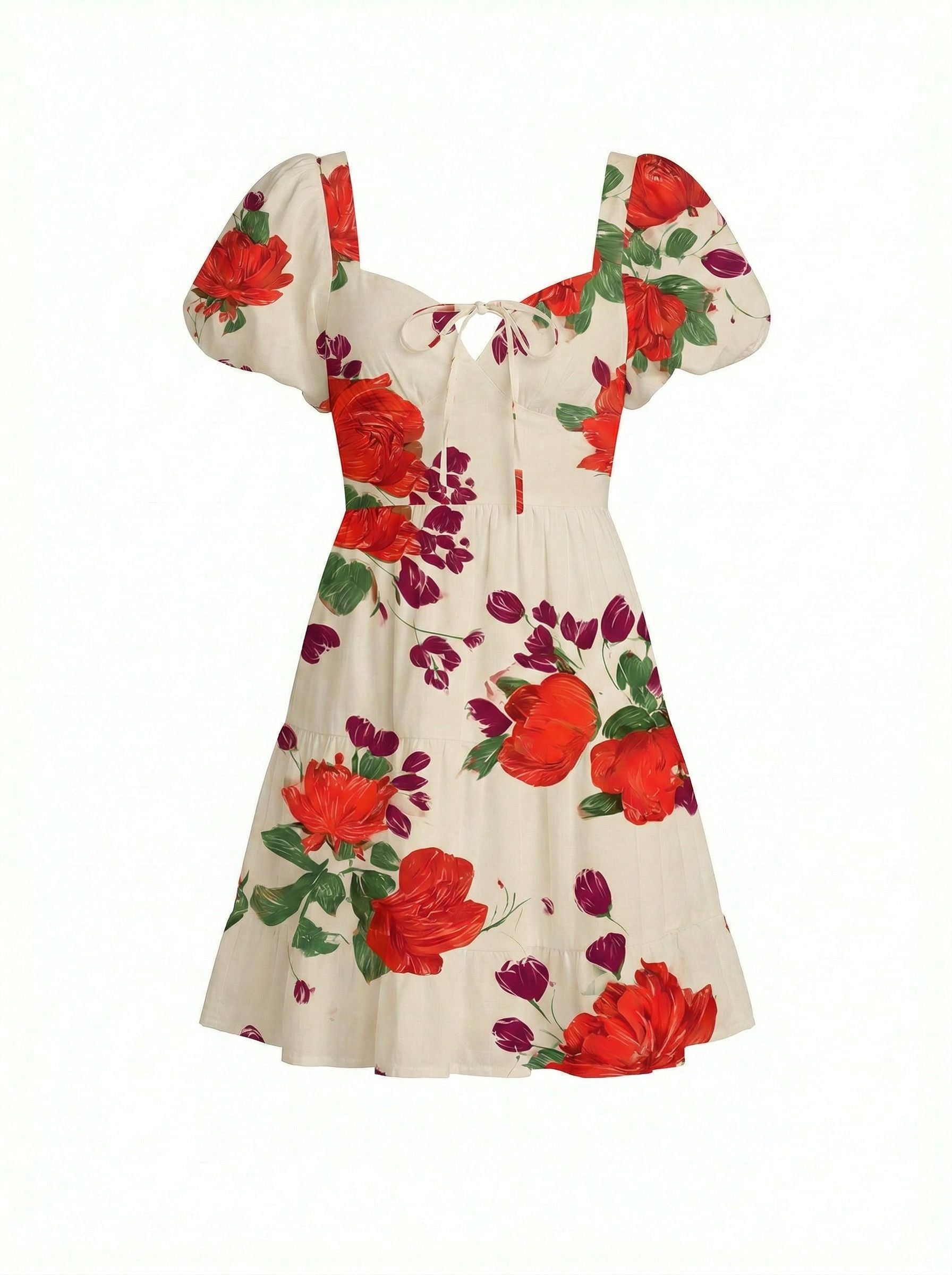 AYLA Romantic Tomato Girl Florall Print Puff Sleeve Tiered Mini Dress