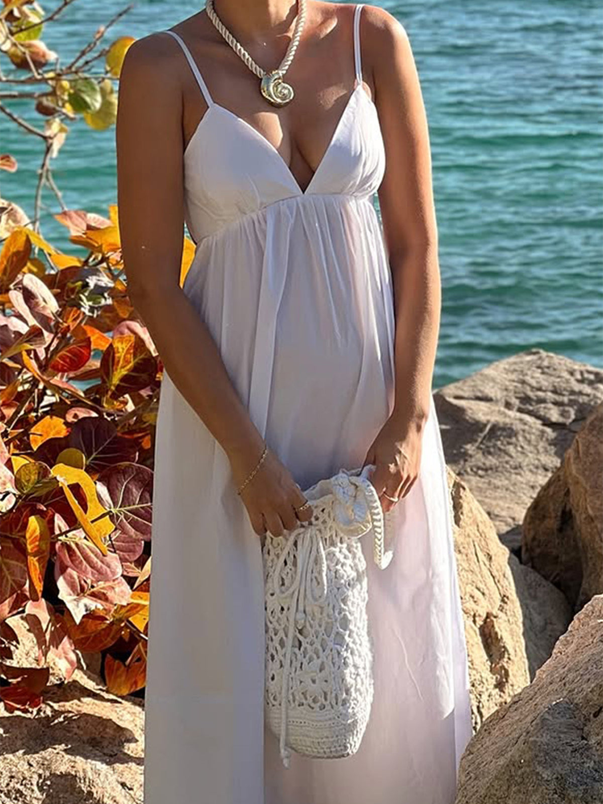 Backless White Flowy Maxi Dress