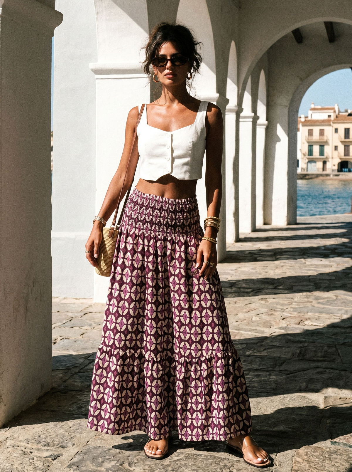 Boho Printed Smocked Waist Maxi Skirt