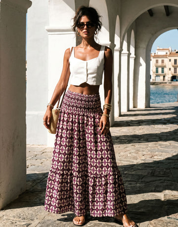 Boho Printed Smocked Waist Maxi Skirt
