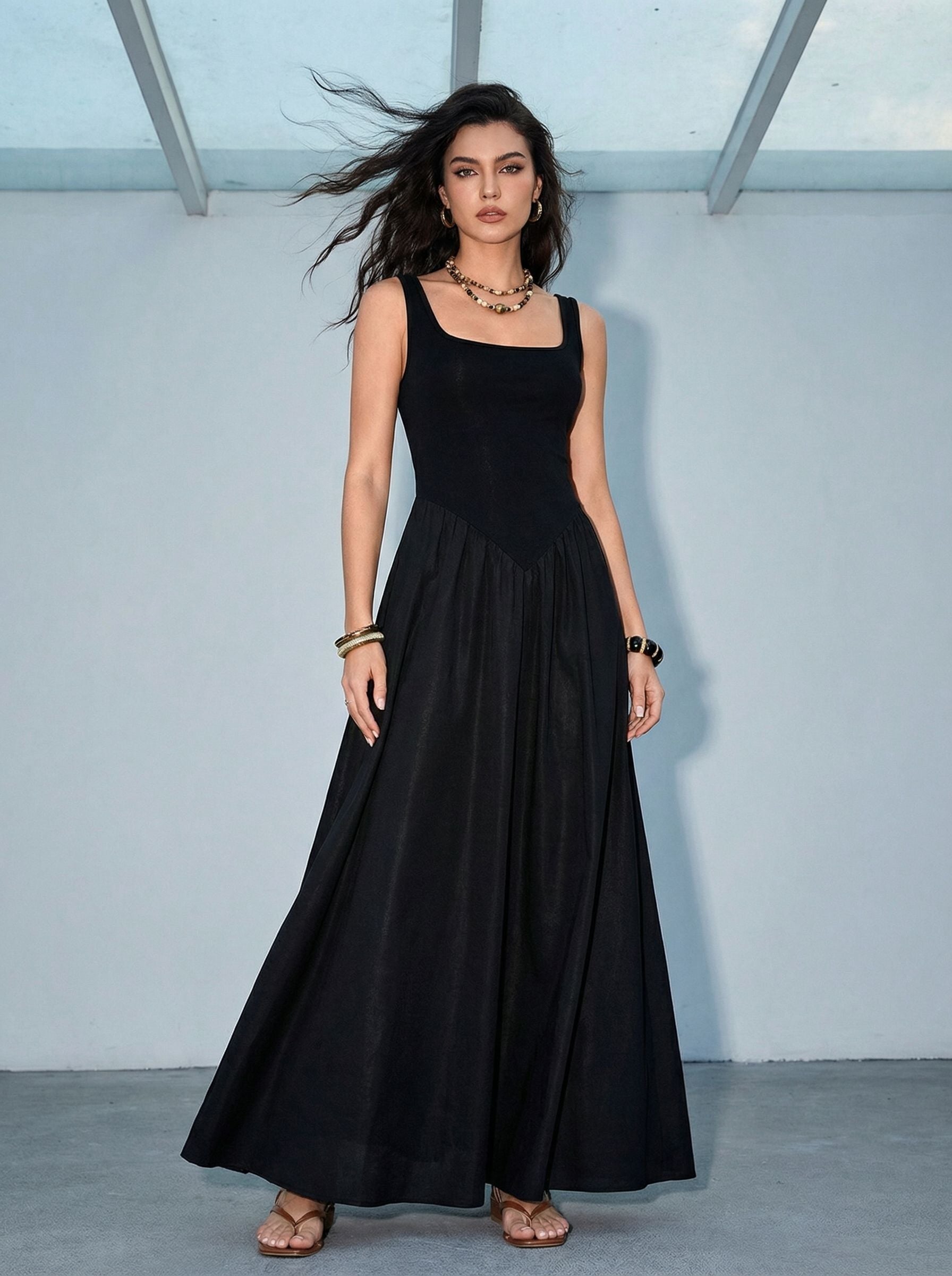 Square Neck Sleeveless Fitted Elegant Maxi Dress-Black