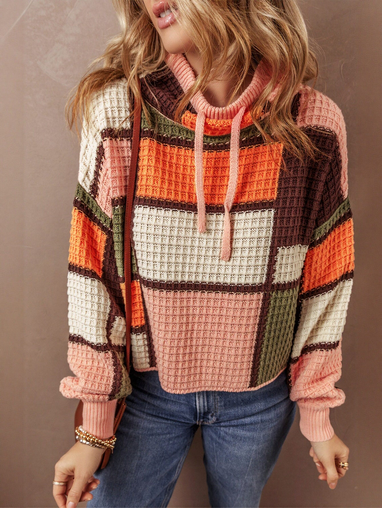 Colorblock Waffle Knit Hooded Sweater