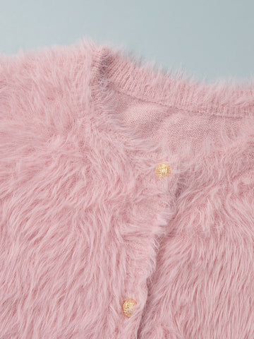 Fuzzy Cropped Button Cardigan Sweater