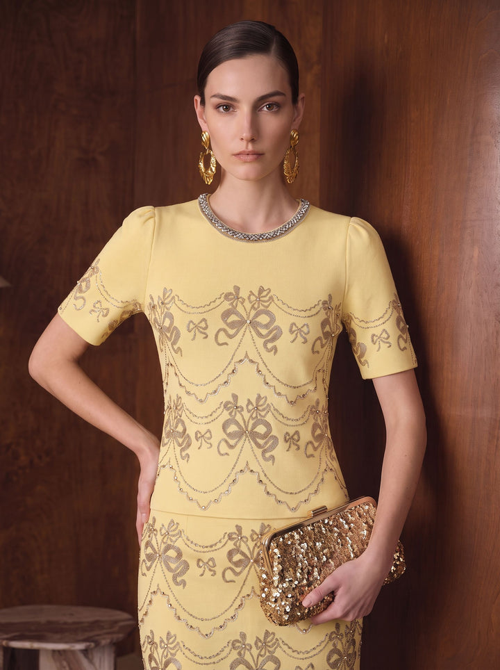Embellished Metallic Jacquard Knit Sweater