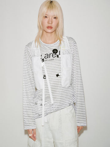 Urban Revivo Printed Contrast Striped Long Sleeve T-Shirts-Cool Grey Stripes