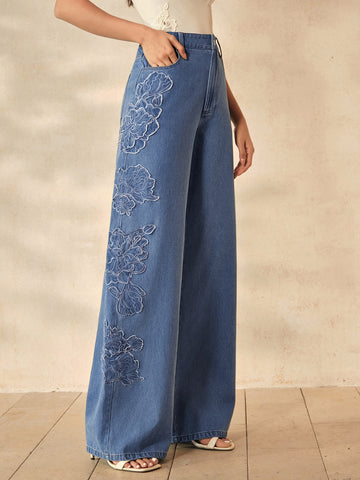 Embroidered High Waisted Wide Leg Jeans