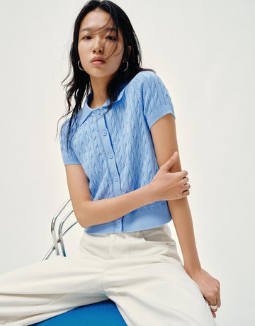 Urban Revivo Polo Neck Cable Knitted T-Shirts-Off-White